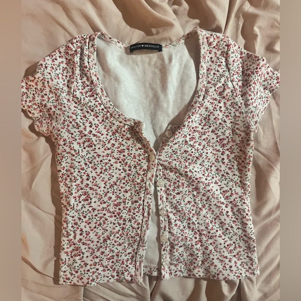 Brandy Melville Red and White Floral Button-Down Shirt